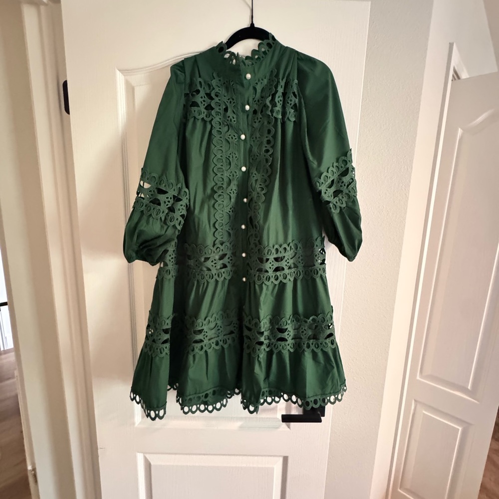 Girls' Green Lace Trim Button-Front Dress